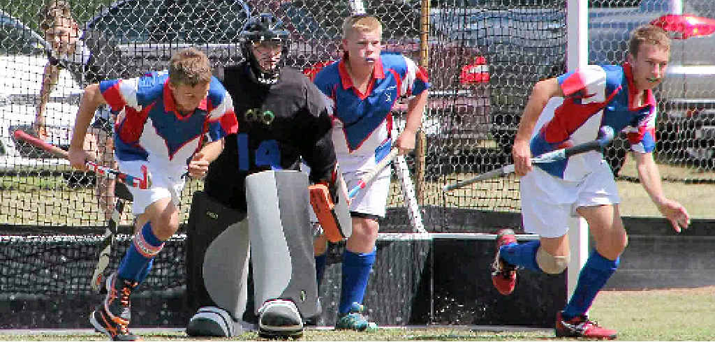 TOP FIELD: Captain Declan Coy, goalkeeper Dylan Ready and Zack Balfour run out for Warwick in the U15 Queensland Men’s State Championships this week.